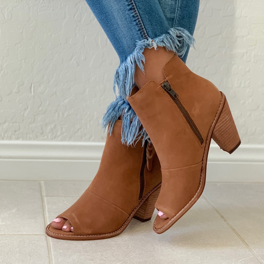 Cognac Genuine Leather Peep Toe Ankle Bootie - Picture 6 of 8